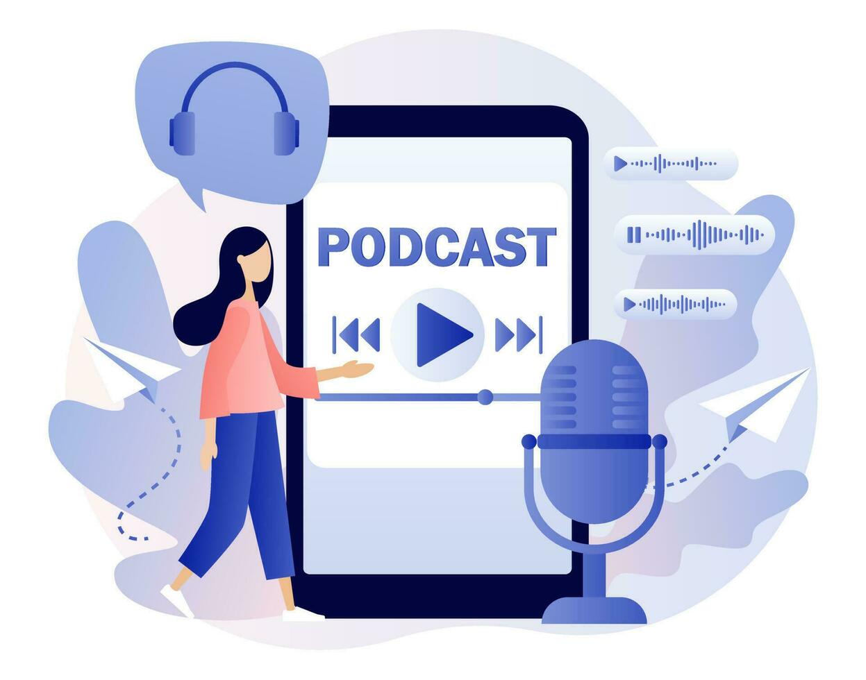 Podcast concept. Tiny woman listening audio in smartphone app. Online training, radio show or audio blog. Modern flat cartoon style. Vector illustration on white background