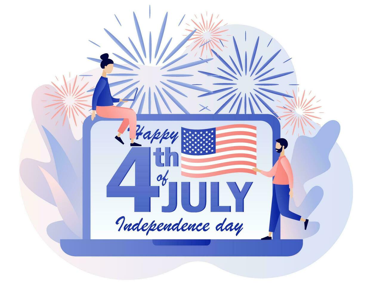 Happy 4th of July - text on laptop screen. Fourth of July. Tiny people celebrate United States Of America Independence Day. Modern flat cartoon style. Vector illustration on white background