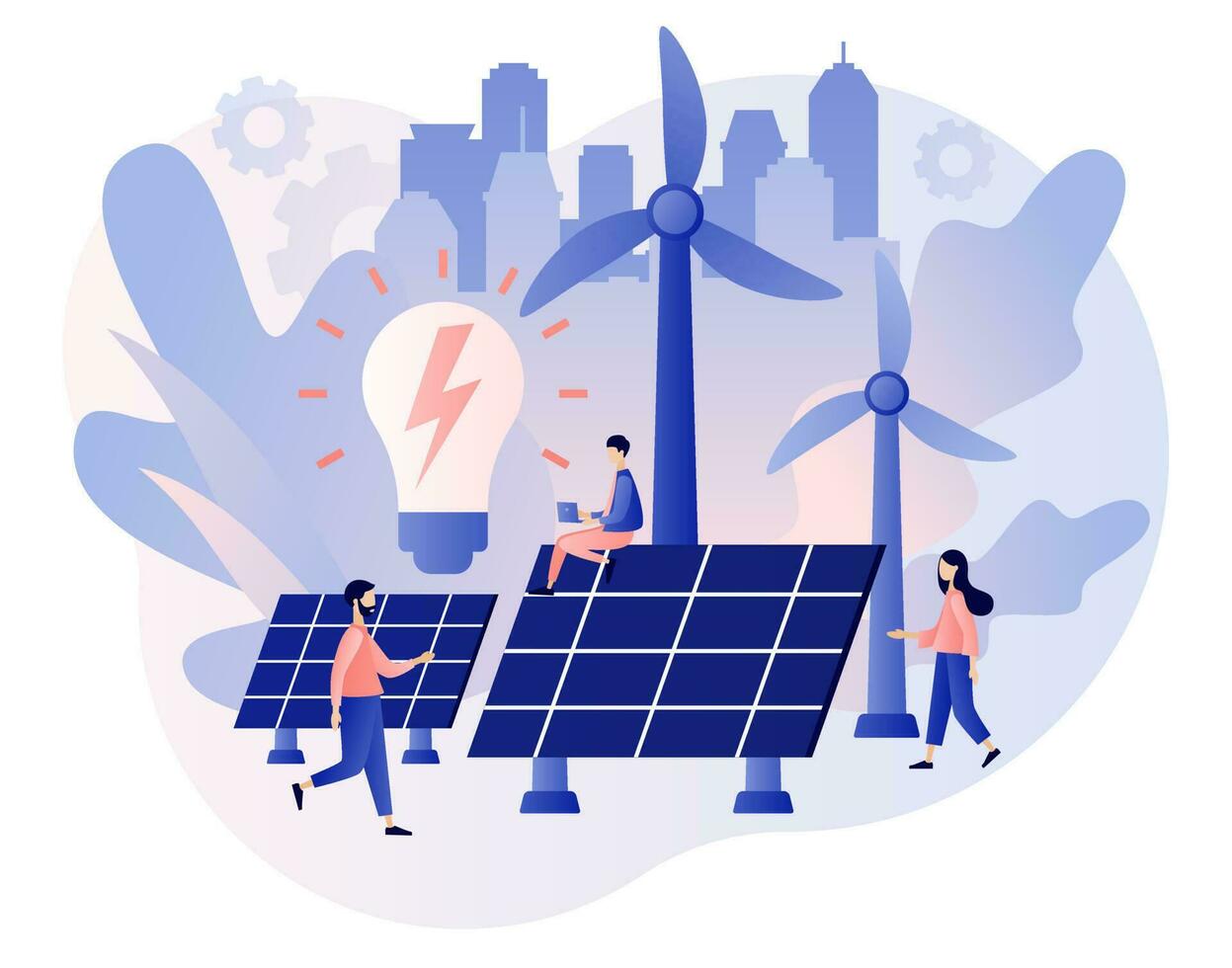 Renewable energy. Tiny people on Power plant with solar panels and windmills. Green energy concept. Eco Industry. Modern flat cartoon style. Vector illustration on white background