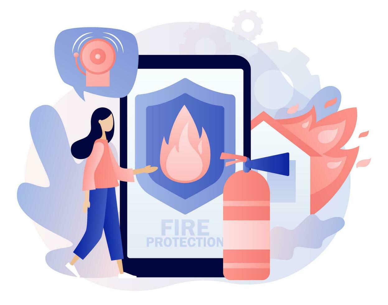 Fire protection concept. Fire Alarm online. Tiny woman with fire prevention smartphone app. Firefighters rescuer. Modern flat cartoon style. Vector illustration on white background
