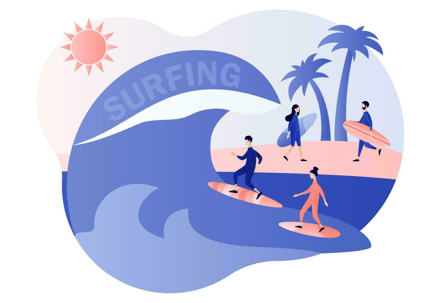 Surfing concept. Surf Club or Shop. Tiny people surfers in beachwear with surfboards in sea or ocean catch the wave. Modern flat cartoon style. Vector illustration on white background