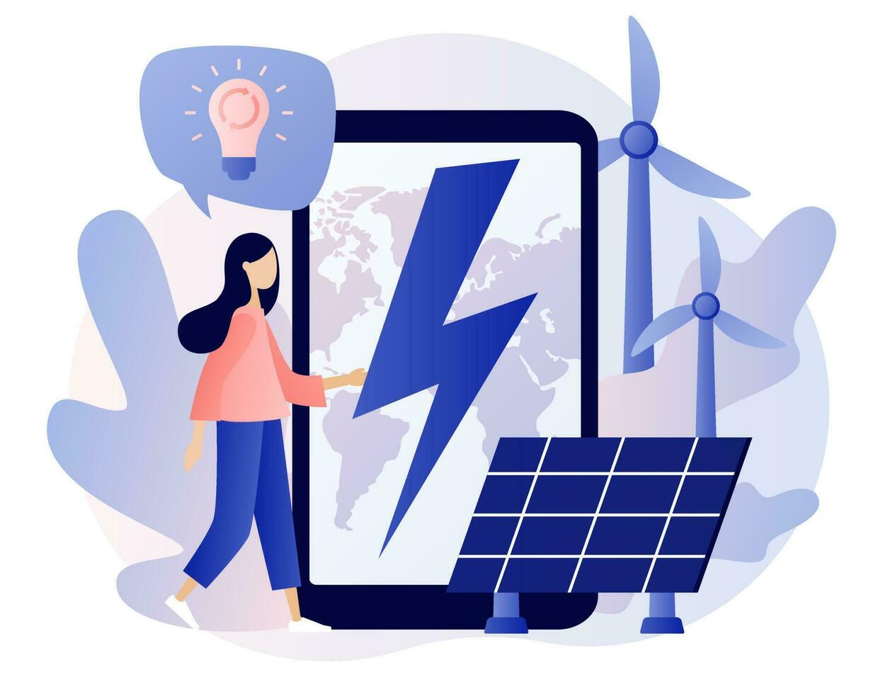 Renewable energy. Power plant with solar panels and windmills. Tiny woman with big smartphone. Green energy concept. Global Eco Industry. Modern flat cartoon style. Vector illustration