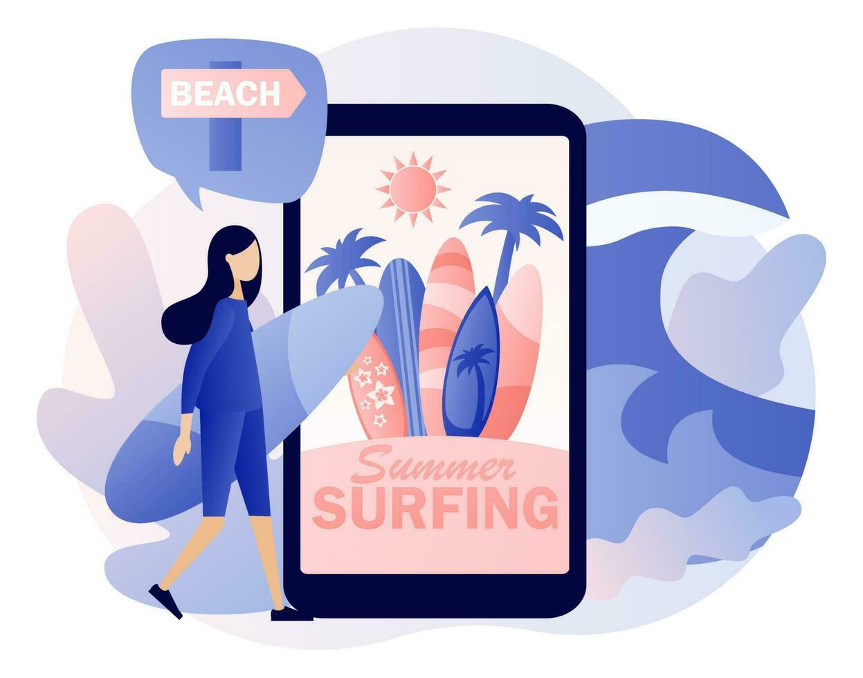 Summer Surfing - text on smartphone screen. Surf Club or Shop. Tiny woman surfer with surfboards go the beach, sea or ocean. Modern flat cartoon style. Vector illustration on white background