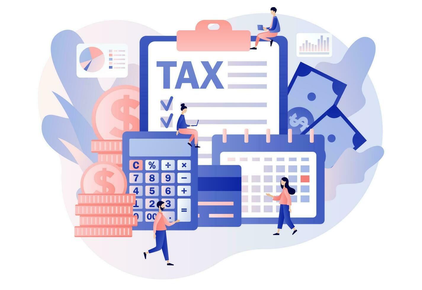 Tax payment. Business concept. Tiny people filling tax form and pay bills online. Financial charge, obligatory payment calculating. Modern flat cartoon style. Vector illustration on white background