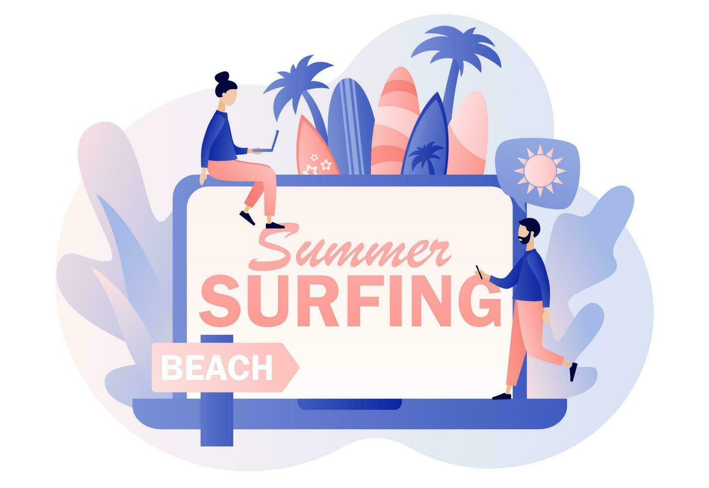 Summer Surfing - text on laptop screen. Surf Club or Shop. Tiny people surfers with surfboards go the beach, sea or ocean. Modern flat cartoon style. Vector illustration on white background