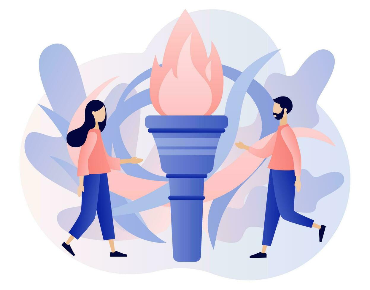 Sport games. Tiny people sportsmen winners. Big Flame as metaphore athletic competition. Modern flat cartoon style. Vector illustration on white background