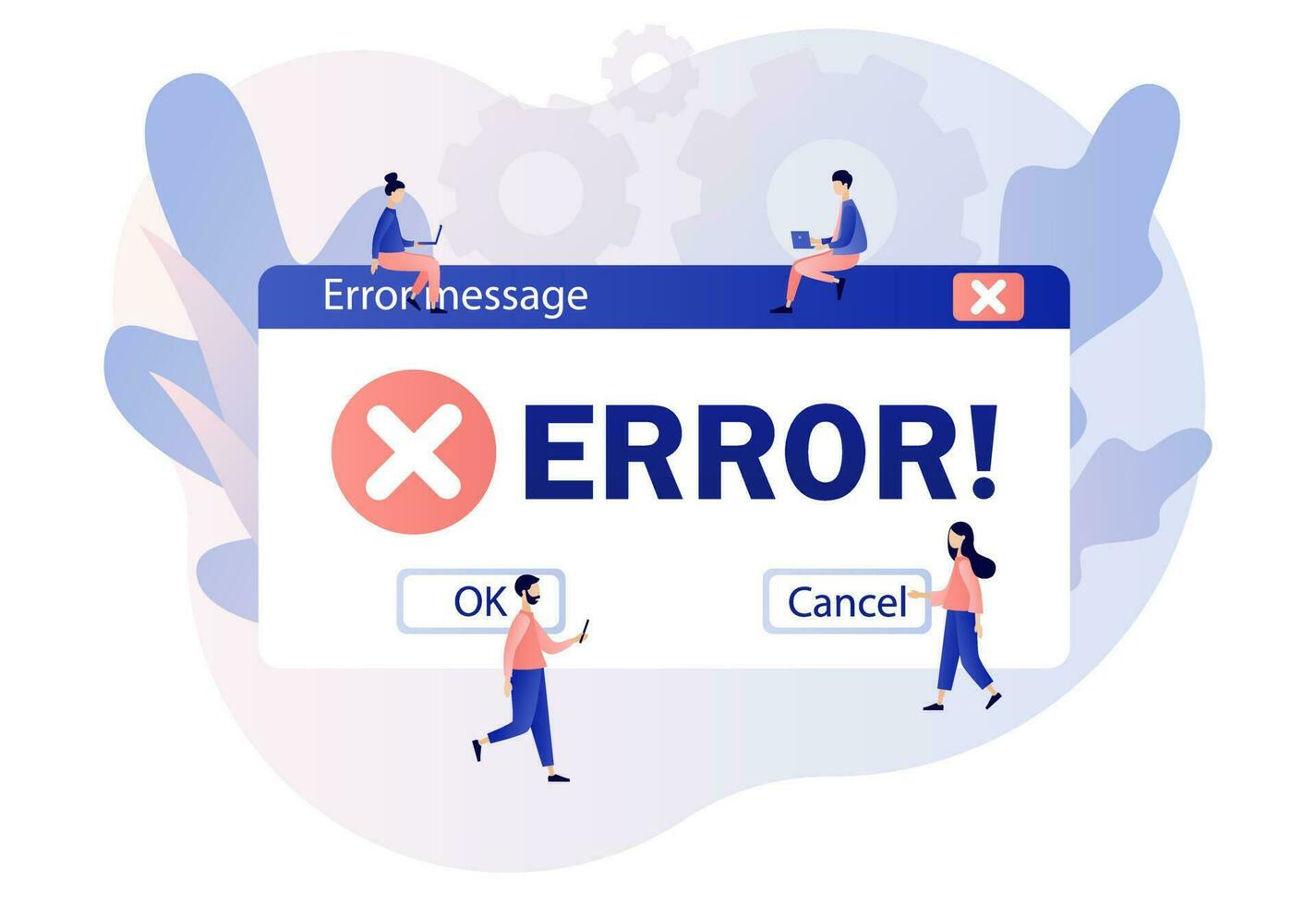 Error message. Tiny people examining operating system error warning window. Modern flat cartoon style. Vector illustration on white background