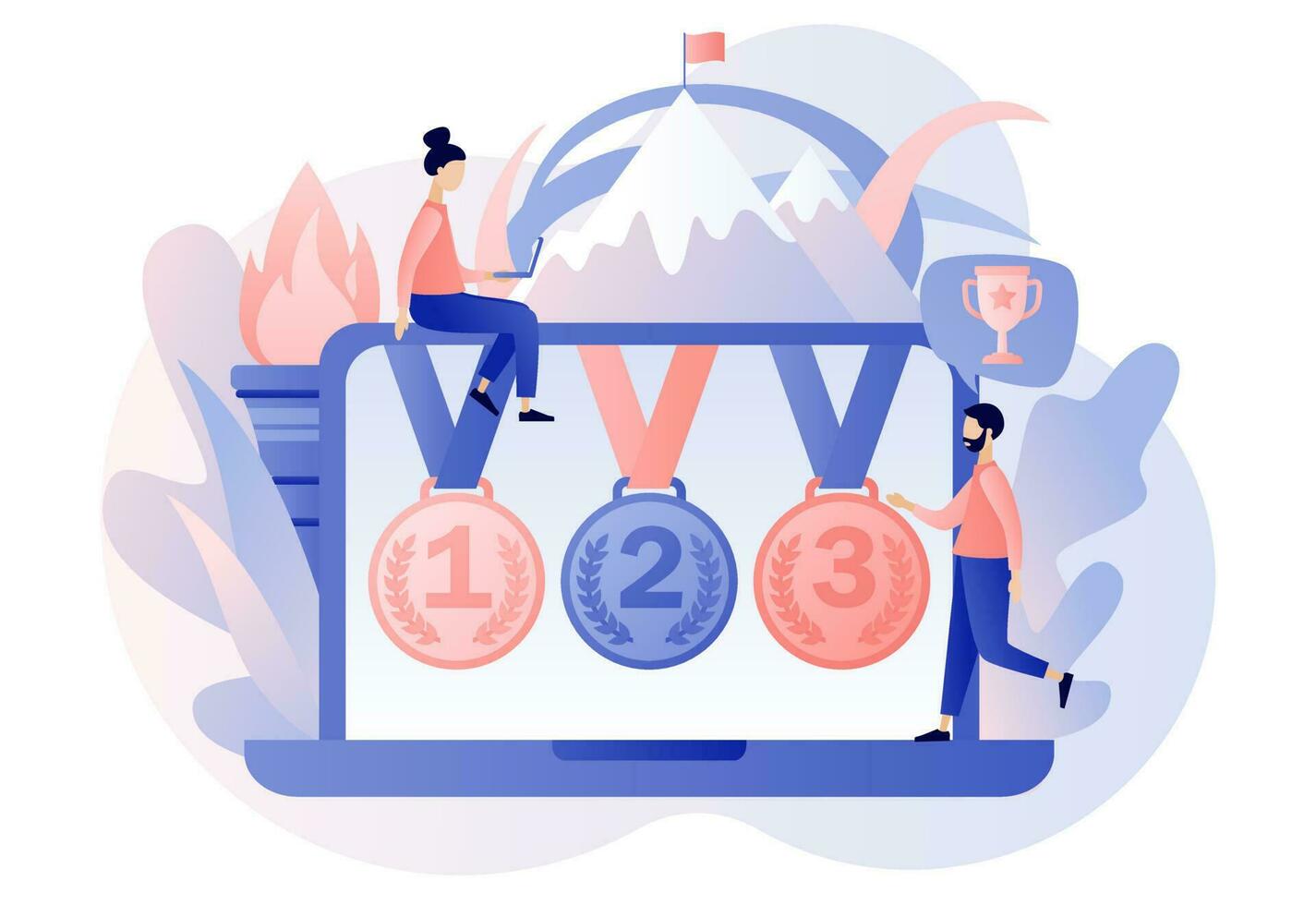 Sport games and competition. Tiny people athletic winners. Gold silver and bronze medals on laptop screen. Modern flat cartoon style. Vector illustration on white background