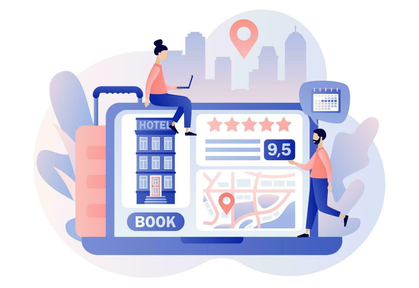 Booking hotel online. Tiny people search, choose and reservation hotel or apartment on web site. Tourist and business trip. Modern flat cartoon style. Vector illustration on white background