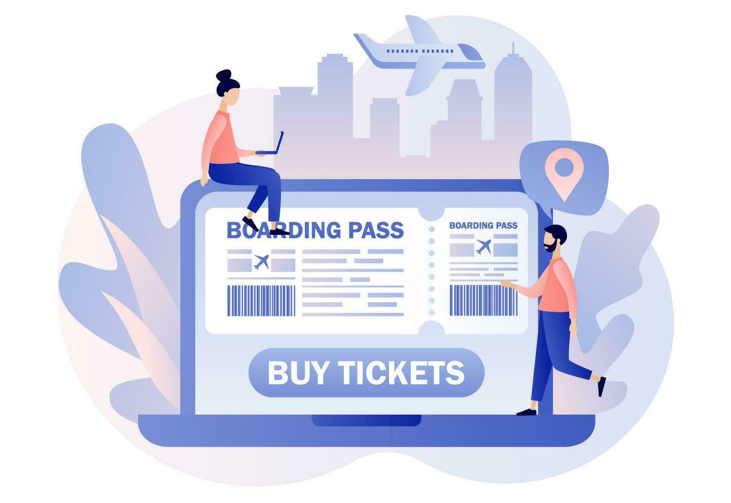 Airline boarding pass ticket on laptop web site. Tiny people booking flights travel online. Buy ticket online. International airline. Modern flat cartoon style. Vector illustration on white background