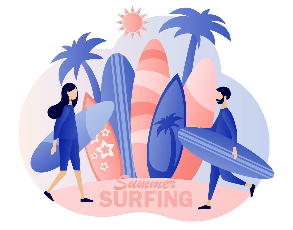 Surfing concept. Surf Club or Shop. Tiny people surfer with surfboards go the beach, sea or ocean. Modern flat cartoon style. Vector illustration on white background