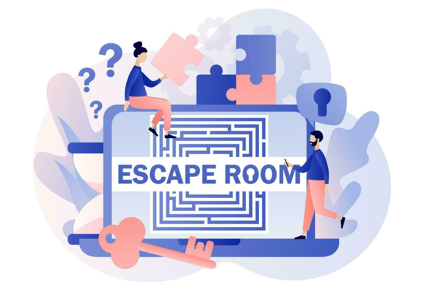 Escape room. Quest room web site. Tiny people trying to solve puzzles, find key, gettout of trap, finding conundrum solution. Exit maze. Modern flat cartoon style. Vector illustration