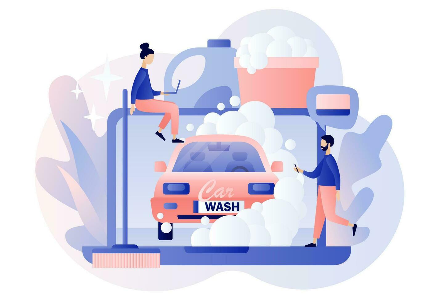 Car wash service web site. Transport is clean. Tiny people washing automobile with water and foam. Modern flat cartoon style. Vector illustration on white background