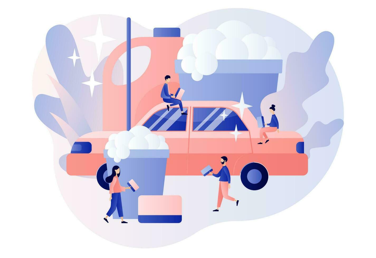 Car wash service. Transport is clean. Tiny people washing automobile with water and foam. Modern flat cartoon style. Vector illustration on white background