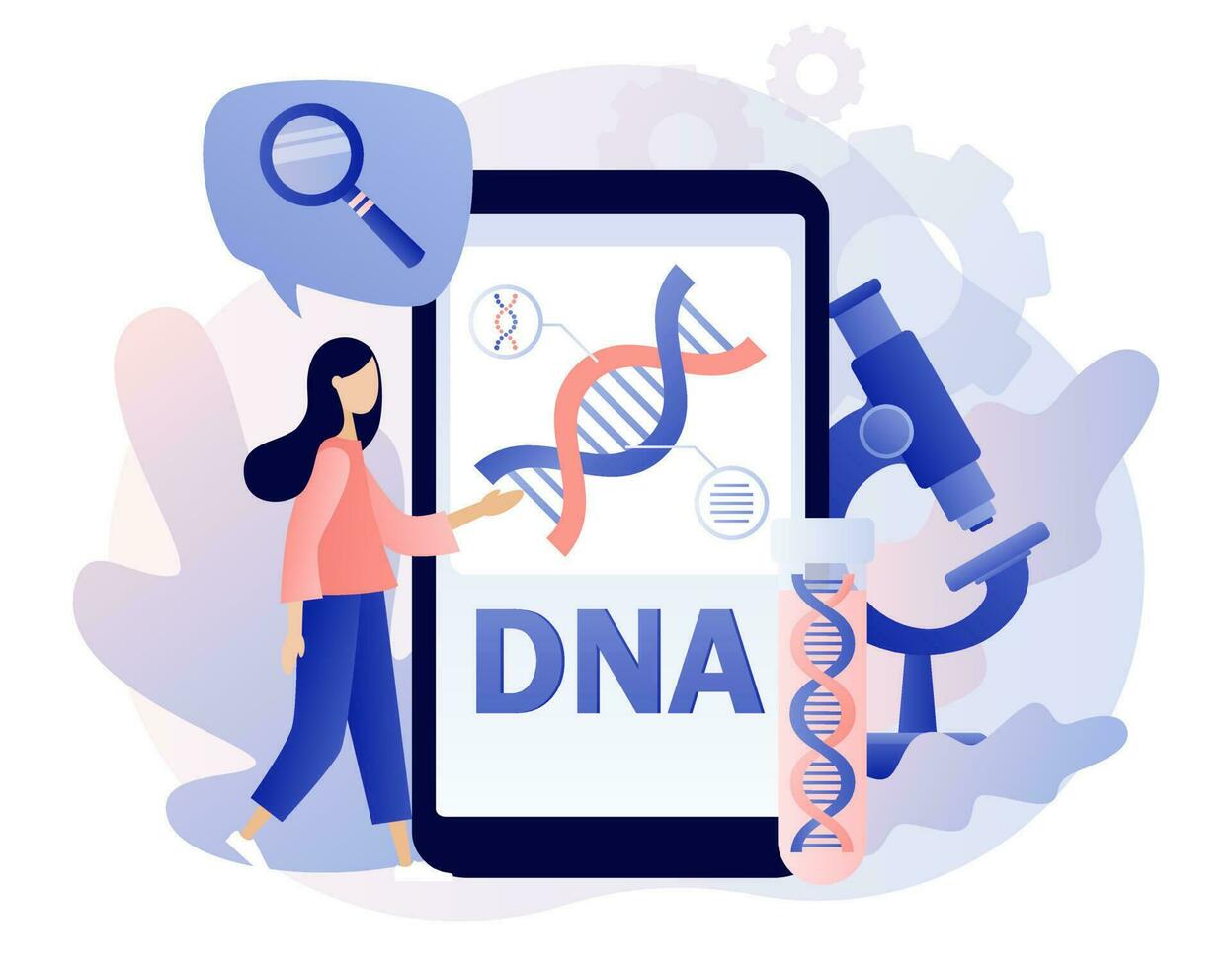 Genetic DNA Science. Tiny scientist investigating and testing DNA with smartphone in laboratory. Gene helix sign. Lab equipment. Modern flat cartoon style. Vector illustration on white background