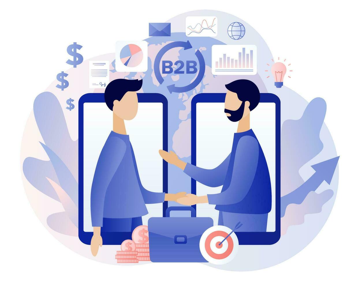 B2B. Business to business. Successful business collaboration. Tiny businessmen enter into agreement online. Marketing strategy, commerce. Modern flat cartoon style. Vector illustration