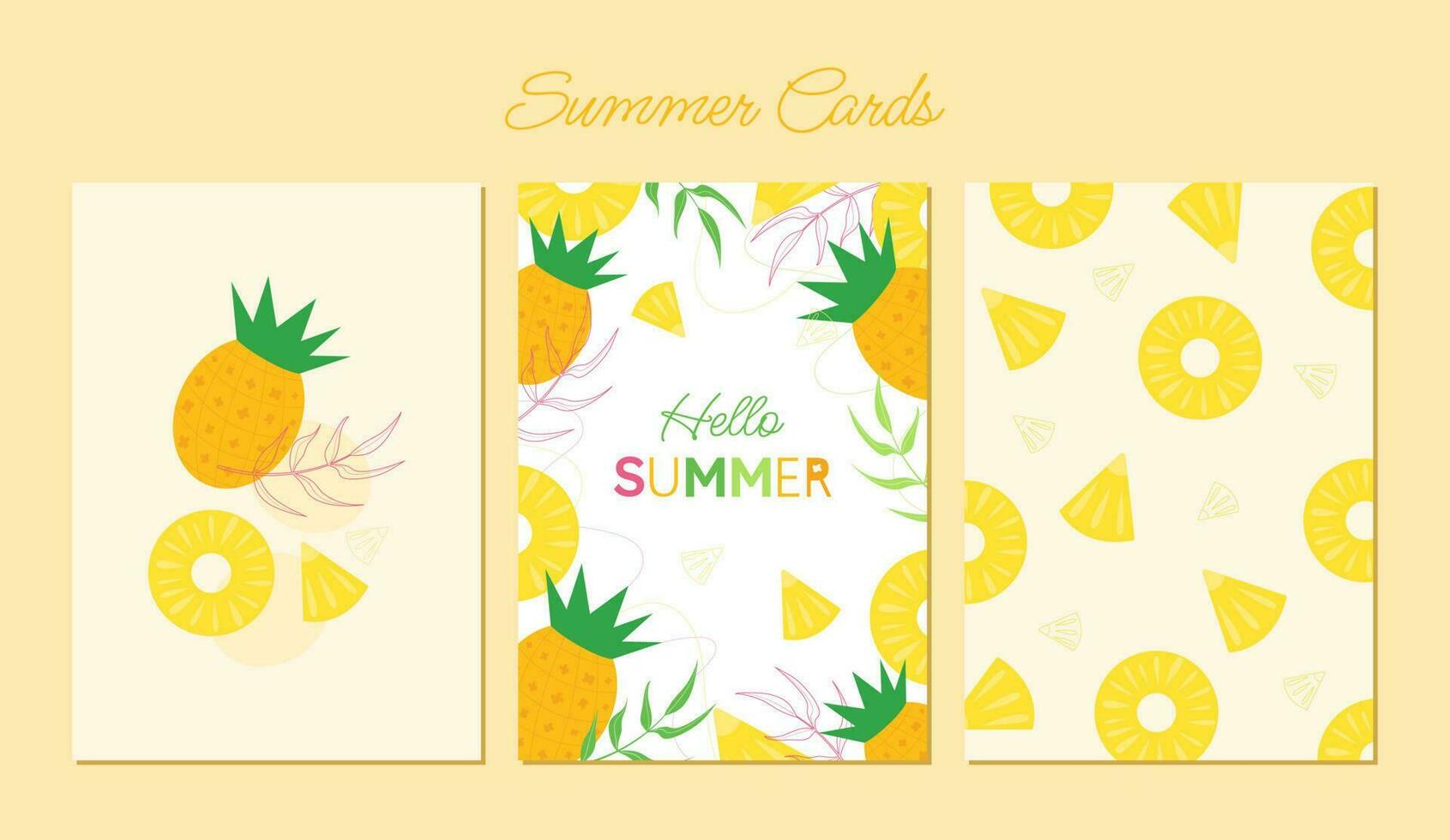 Hello, summer.  Set of summer, bright, sunny postcards with pineapple and tropical leaves. Exotic summer background with creative design, postcards, posters, template. vector