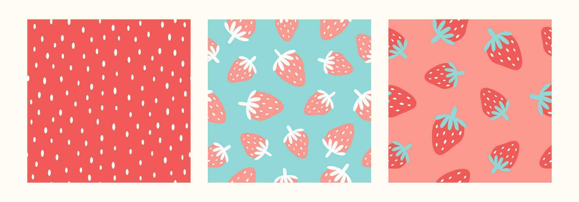 conjunto de vector sin costura patrones con fresas verano antecedentes mano dibujado. dibujos animados plano ilustración.