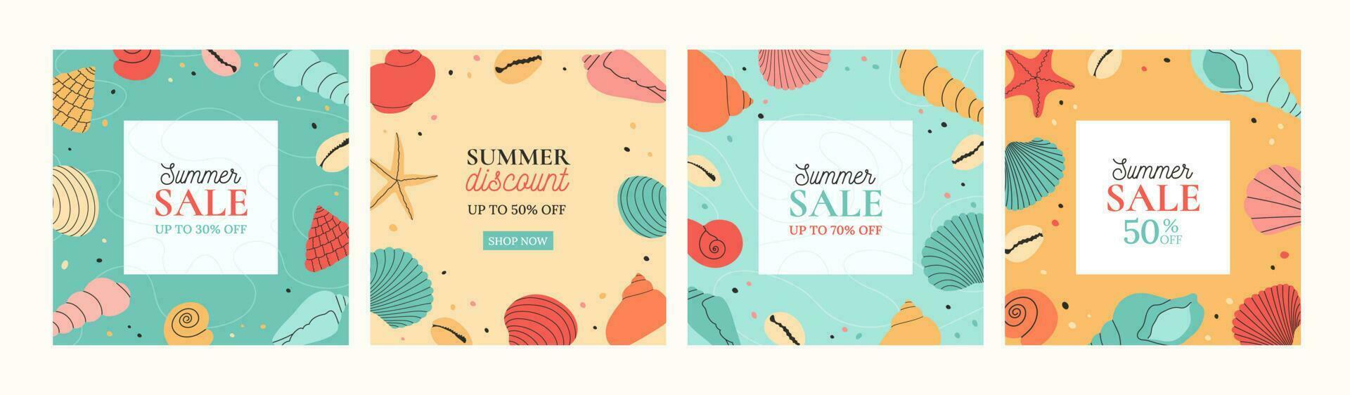 Summer sale banner template. Set of summer modern backgrounds with hand draw colorful seashells, starfish. Beautiful summer holidays posters. Vector templates for cards, invitation, social media post.
