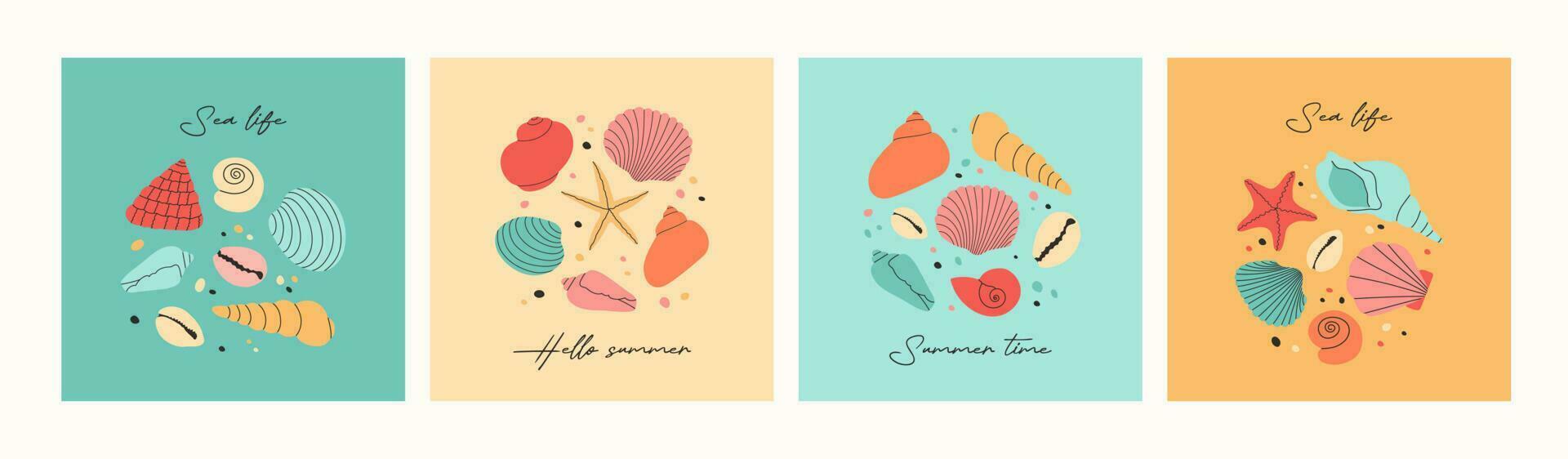 Set of summer modern backgrounds with hand draw colorful seashells, starfish and hand written text. Beautiful summer holidays posters. Vector templates for card, banner, invitation, social media post.