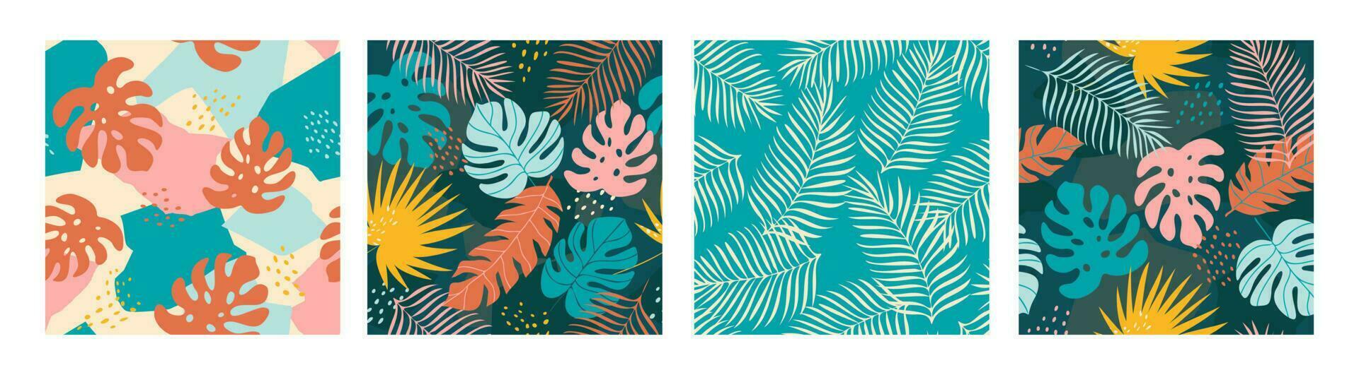 Collection modern colorful tropical patterns seamless. Creative abstract contemporary collage exotic jungle plants. Trendy design for paper, covers, fabric.  Hand drawn vector illustration.