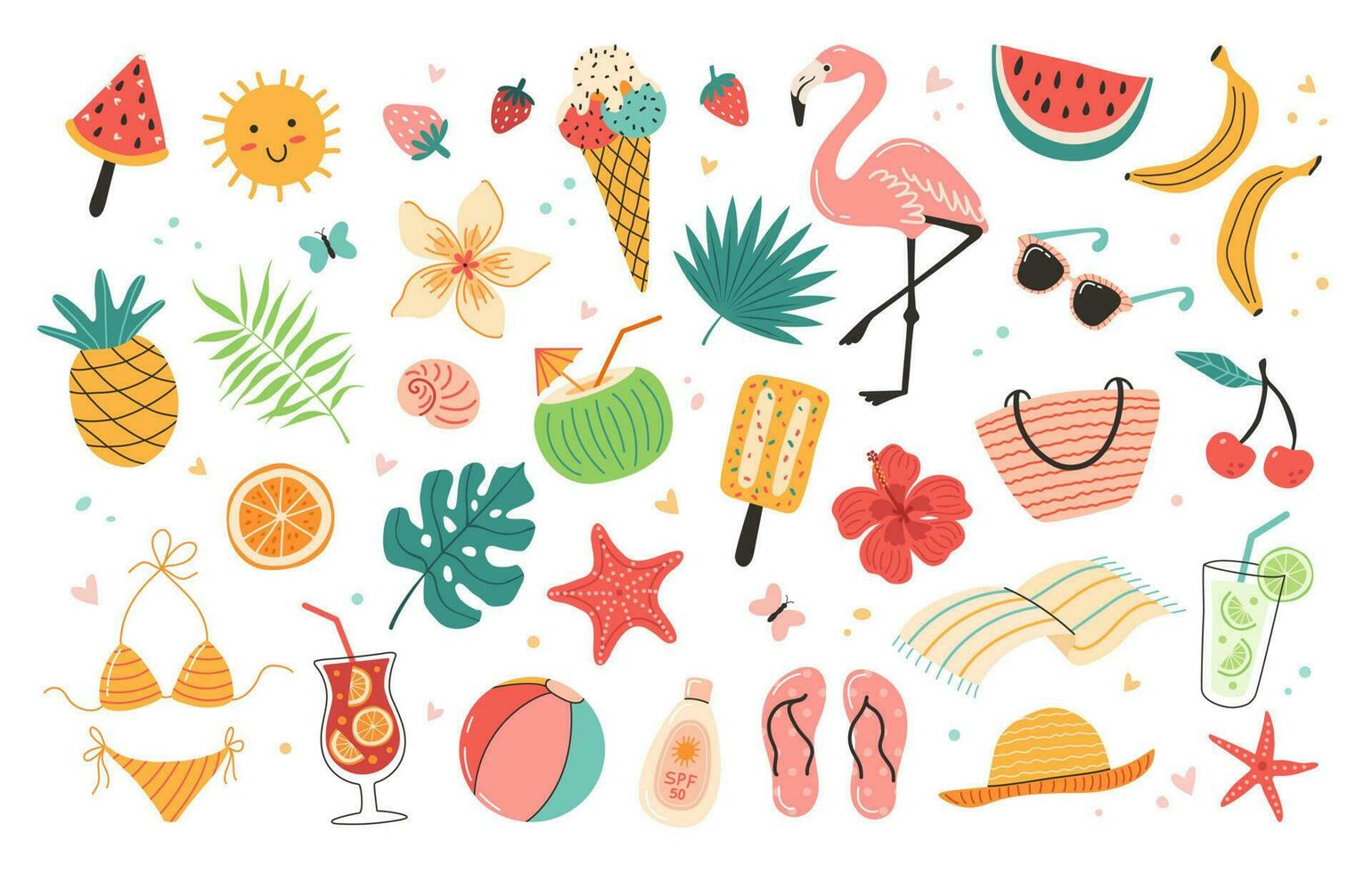 Set of cute summer stickers. Collection of scrapbooking elements, beach party. Cocktail, bag, ice cream, tropical flower, bikini, flamingo, fruits, palm leaves. Tropical vacation. vector