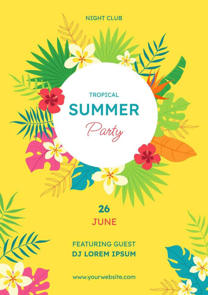 Poster of a summer tropical party. Creative bright, colorful, yellow background with tropical leaves and flowers. Poster, flyer, print template, banner. vector