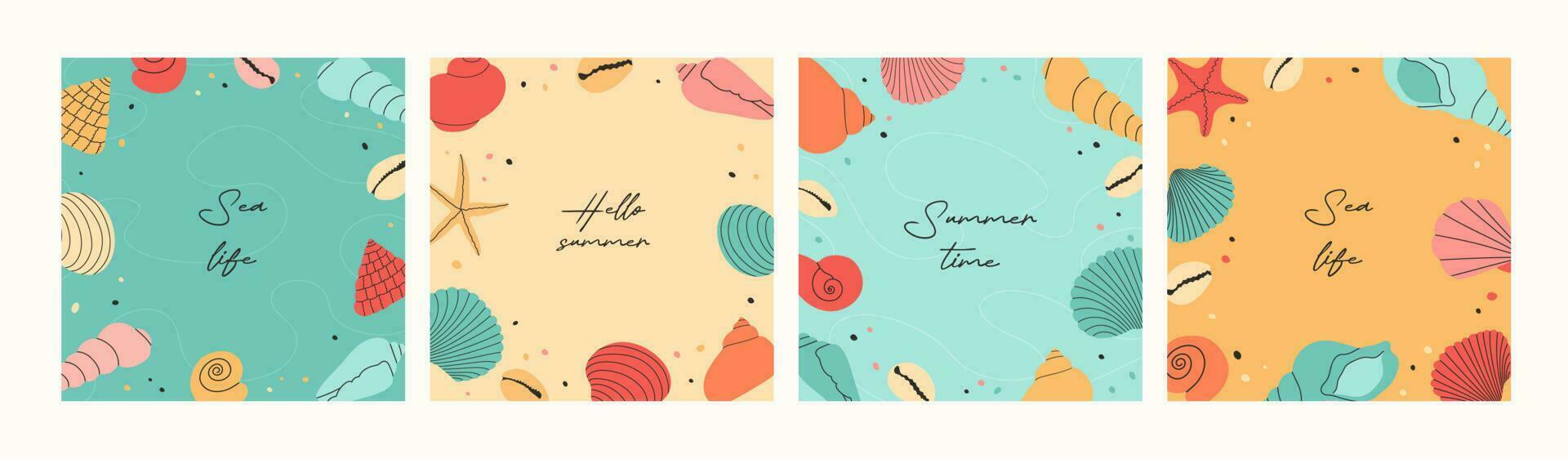 Set of summer modern backgrounds with hand draw colorful seashells, starfish and hand written text. Beautiful summer holidays posters. Vector templates for card, banner, invitation, social media post.