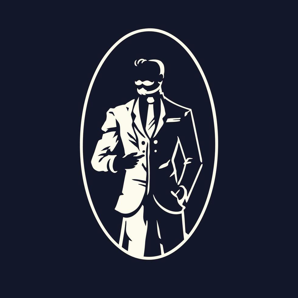 A man in a suit and mustache beard stands in a oval frame for a logo design vector