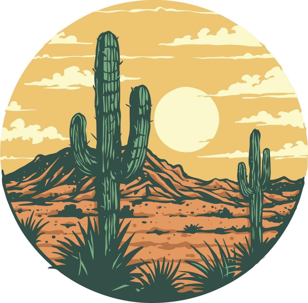 A graphic of a wild west desert landscape with a cactus and mountains in the background vector