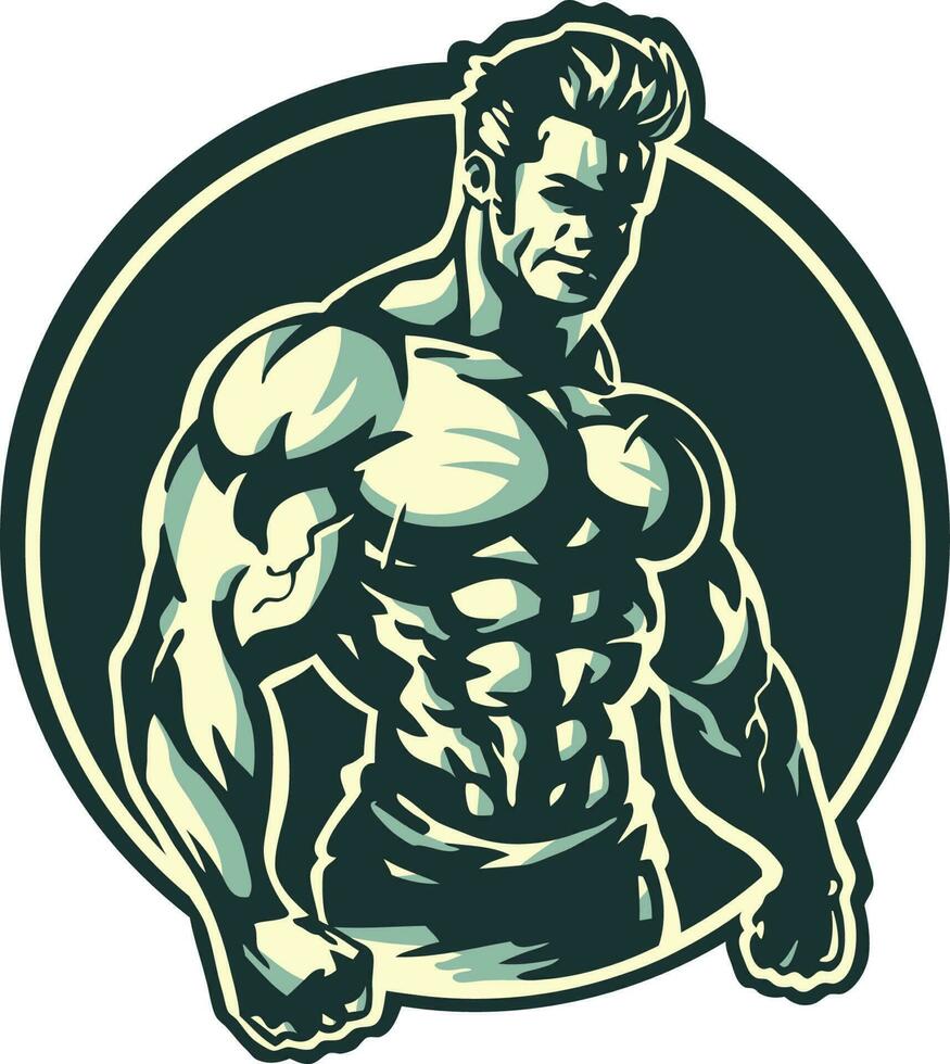 un gimnasio y aptitud logo con hombre con un grande bíceps en su cofre vector