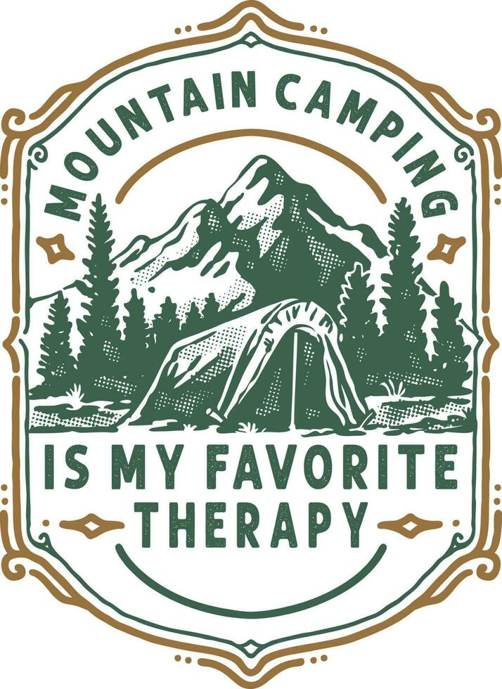 A logo for a mountain camping with a tent and trees with a vintage badge style vector
