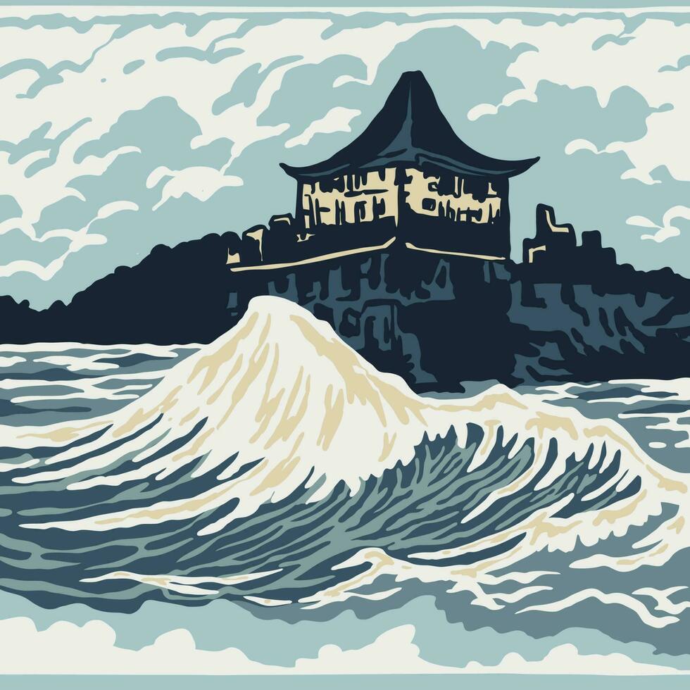 A painting of an old castle in a sea with a blue sky and clouds vector