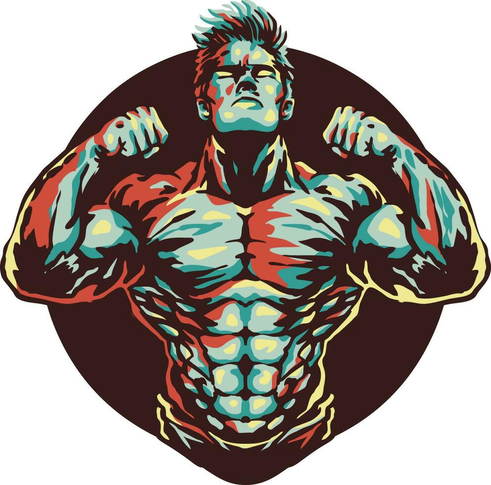 A cartoon illustration of a bodybuilder strongman with a circle in the background vector