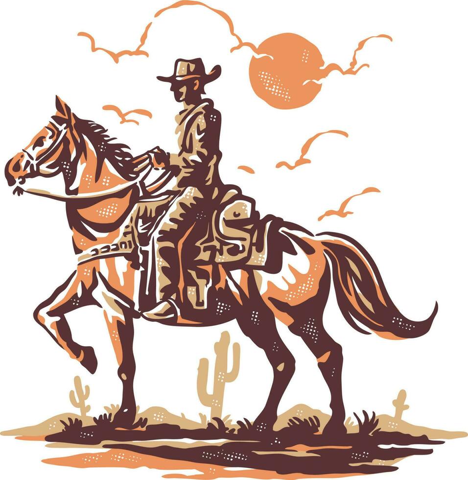 un vaquero montando un caballo en el Desierto con un Clásico retro estilo vector