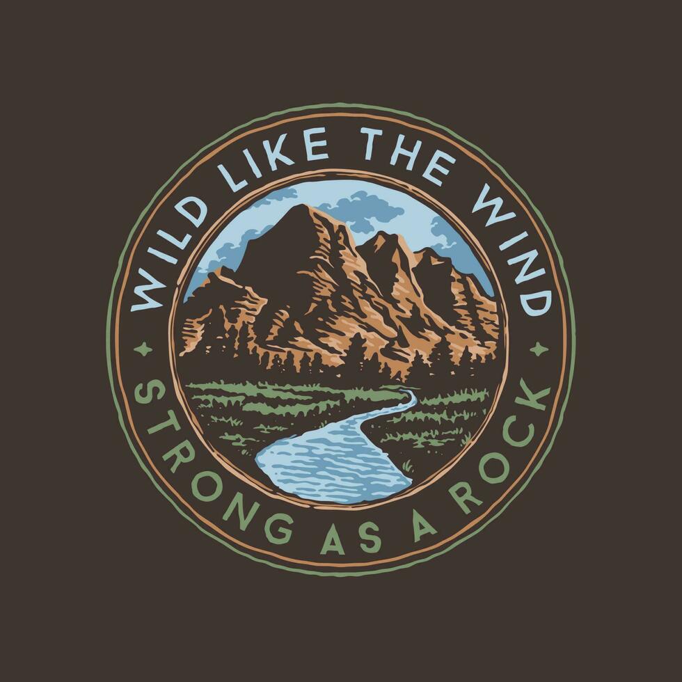 A logo for a rock mountain with a blue river called wild like the wind strong as a rock vector