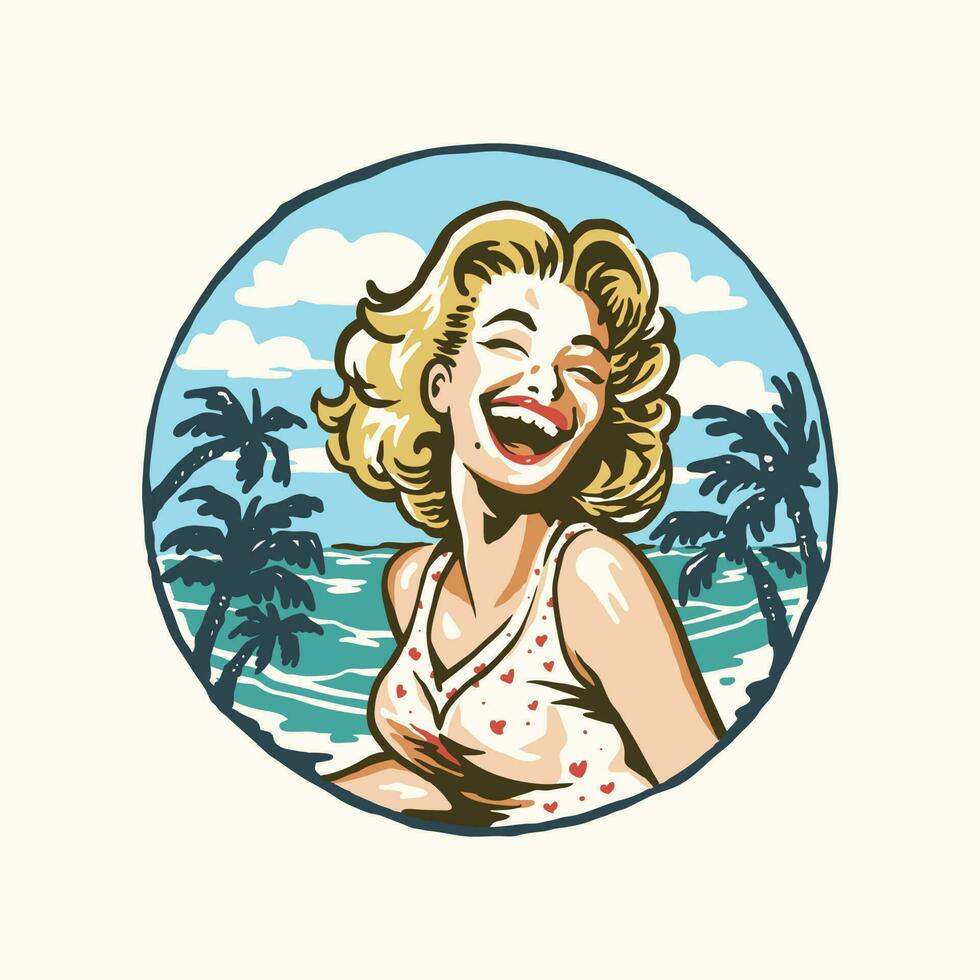 A woman laughing on the beach with palm trees in the background vector