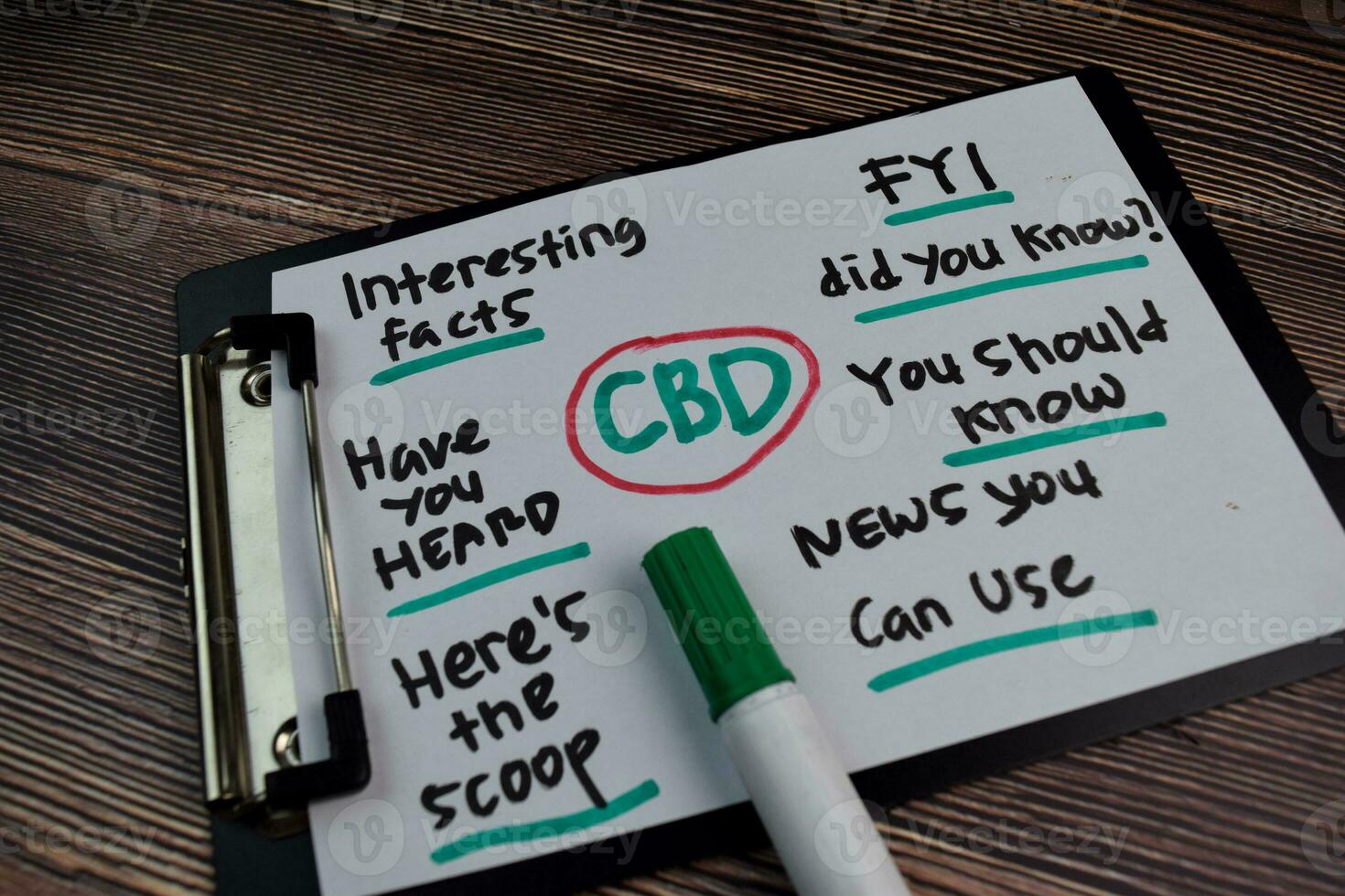 CBD and newspaper keywords write on a book isolated on the table. photo