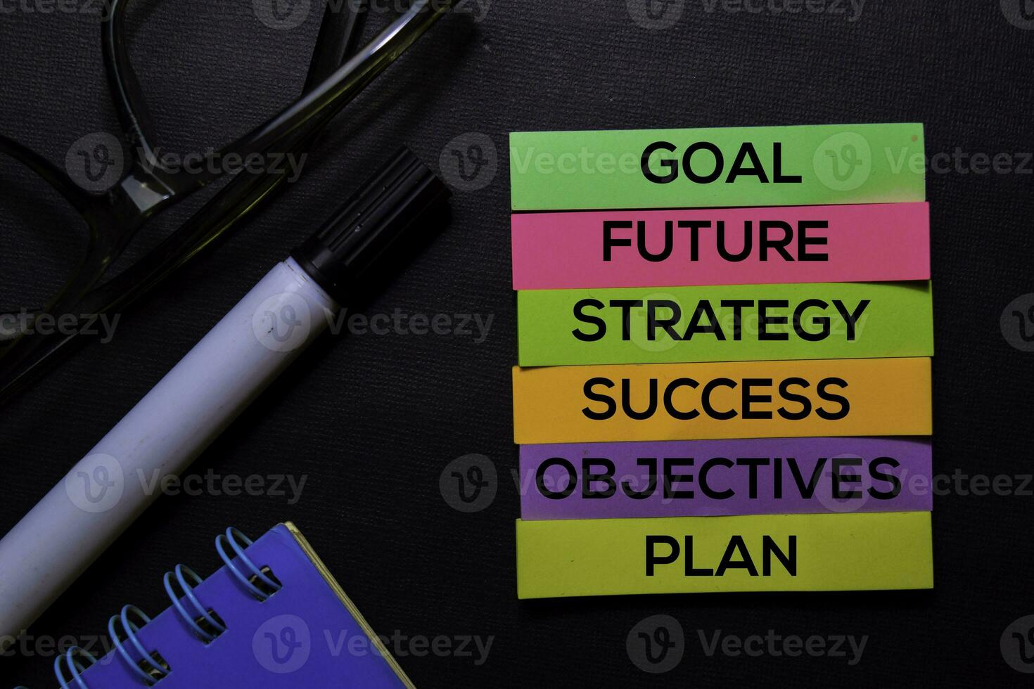 Goal, Future, Strategy, Success, Objectives, Plan text on sticky notes isolated on Black desk. Mechanism Strategy Concept photo