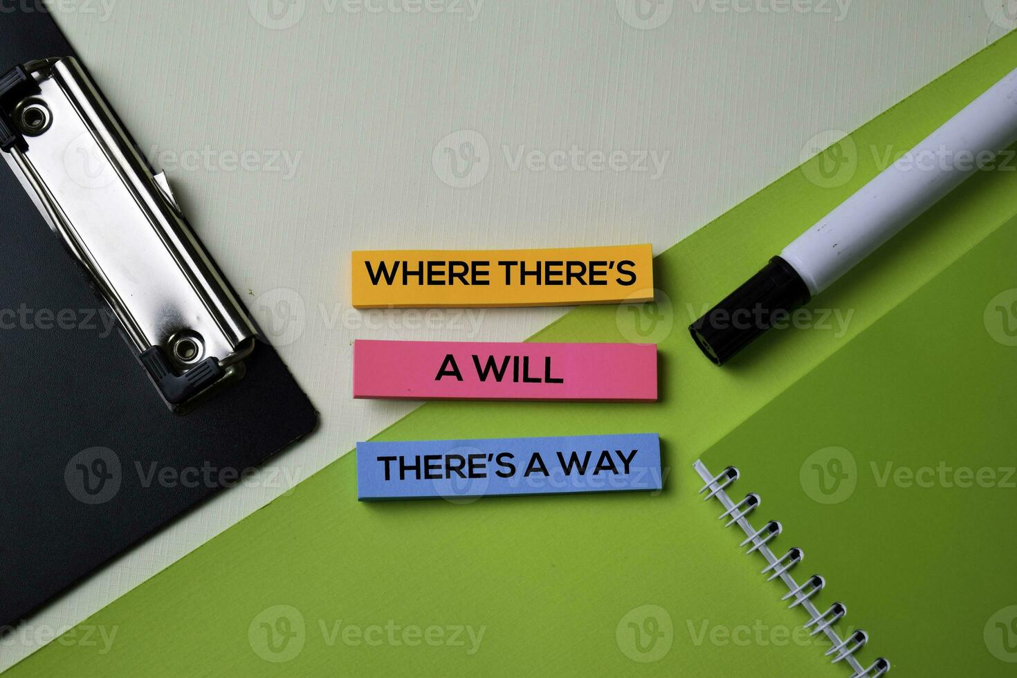 Where There's A Will There's A Way text on top view office desk table of Business workplace and business objects. photo