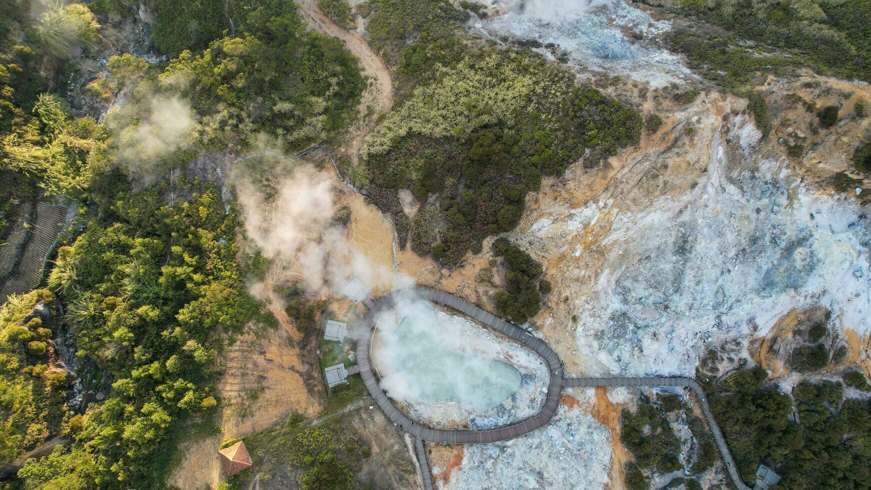 Aerial view of Sikidang Crater at Dieng Plateau, an Active Volcano Crater. Wonosobo, Indonesia photo