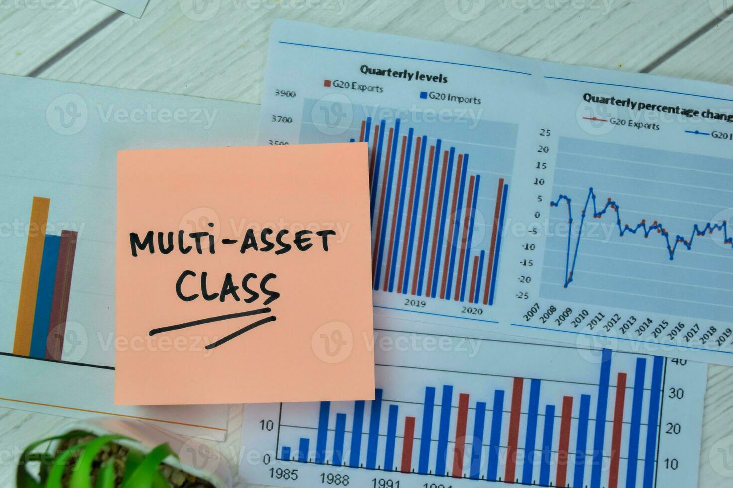 Concept of Multi-Asset Class write on sticky notes with statistics isolated on Wooden Table. photo