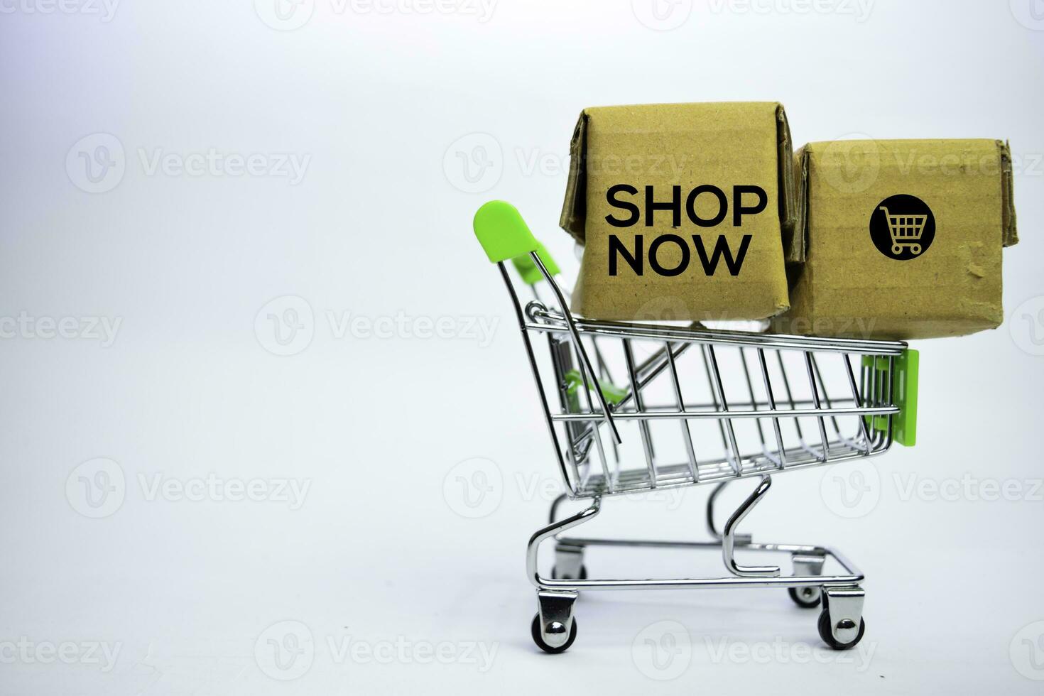 Shop Now Text in small boxes and shopping cart. Concepts about online shopping. Isolated on white background photo