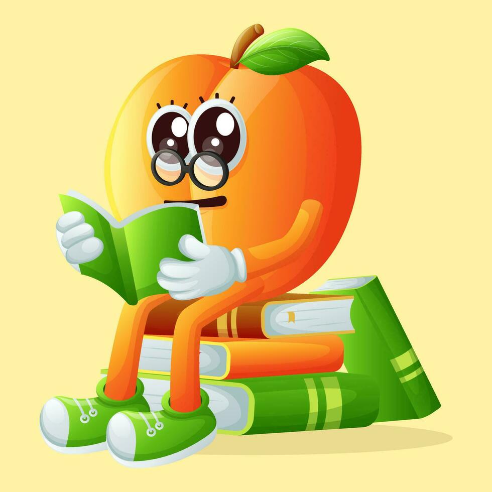 Cute apricot character wearing glasses and reading a book vector