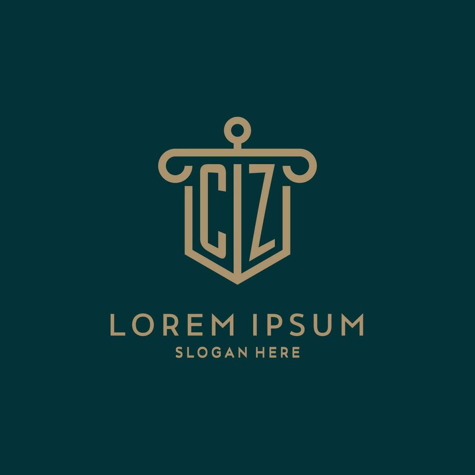 CZ monogram initial logo design with shield and pillar shape style vector