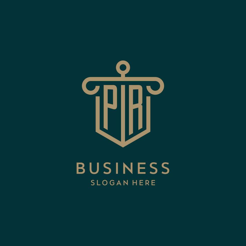 PR monogram initial logo design with shield and pillar shape style vector