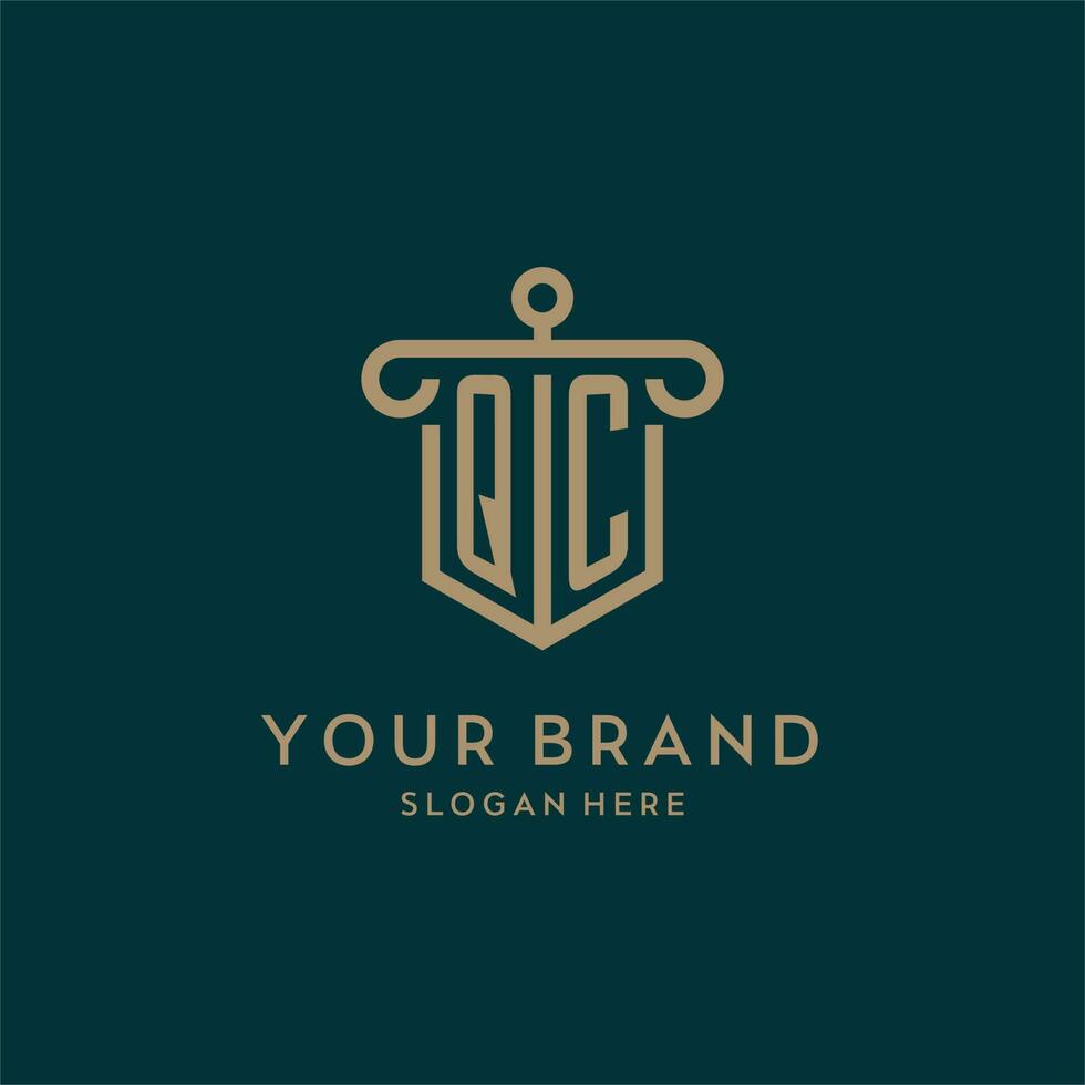 QC monogram initial logo design with shield and pillar shape style vector