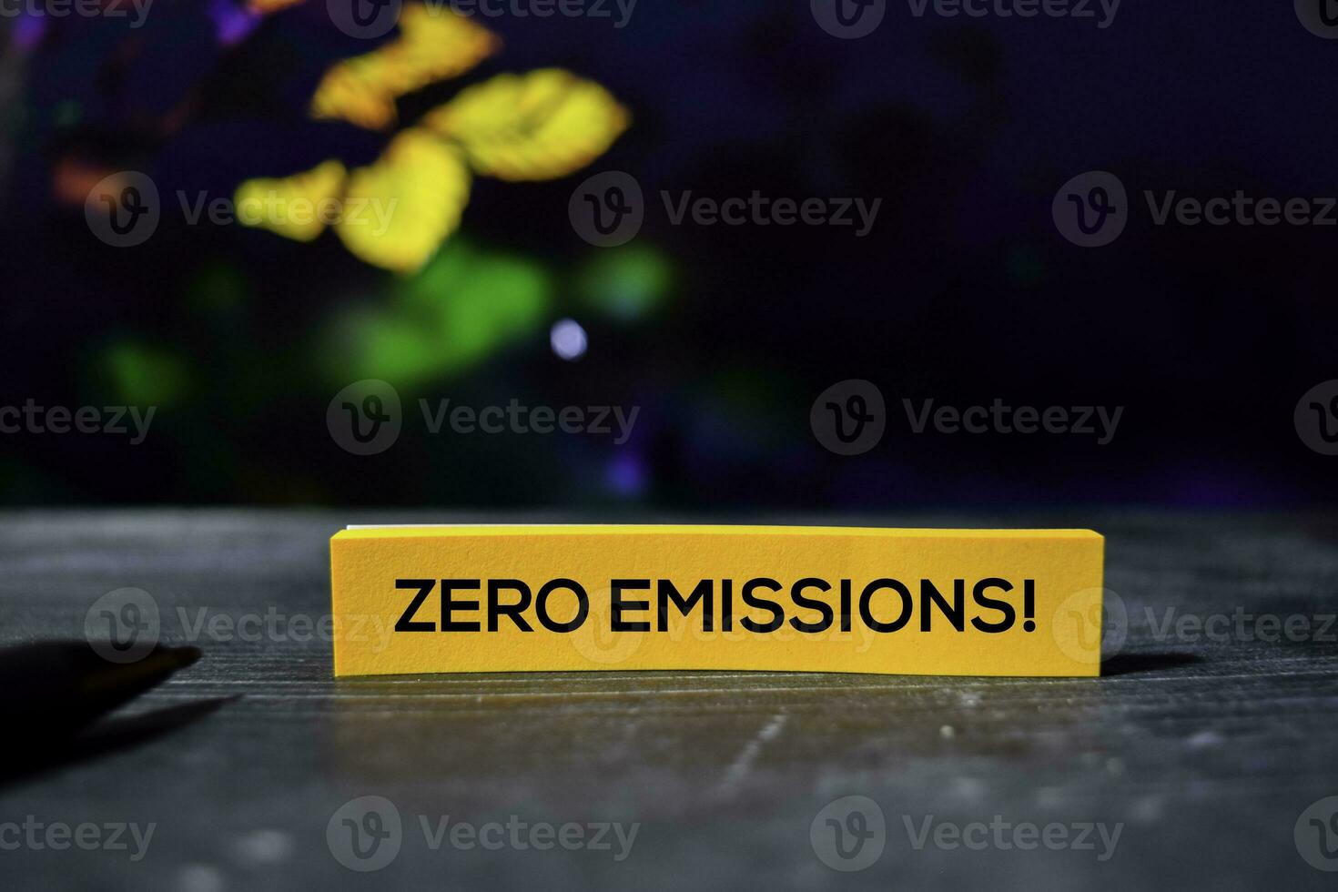Zero Emissions on the sticky notes with bokeh background photo
