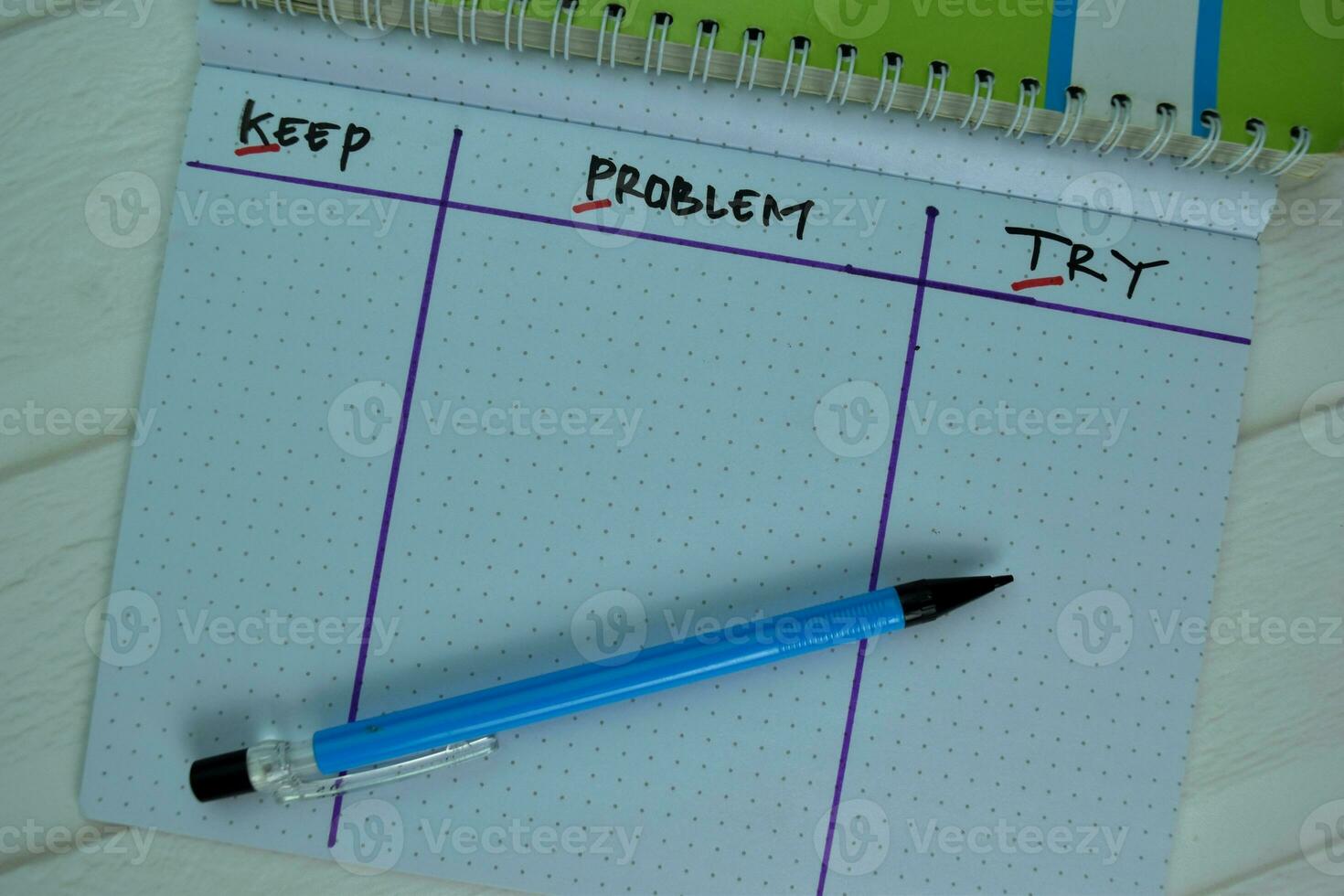 KPT - Keep Problem Try write on a book isolated on office desk. photo