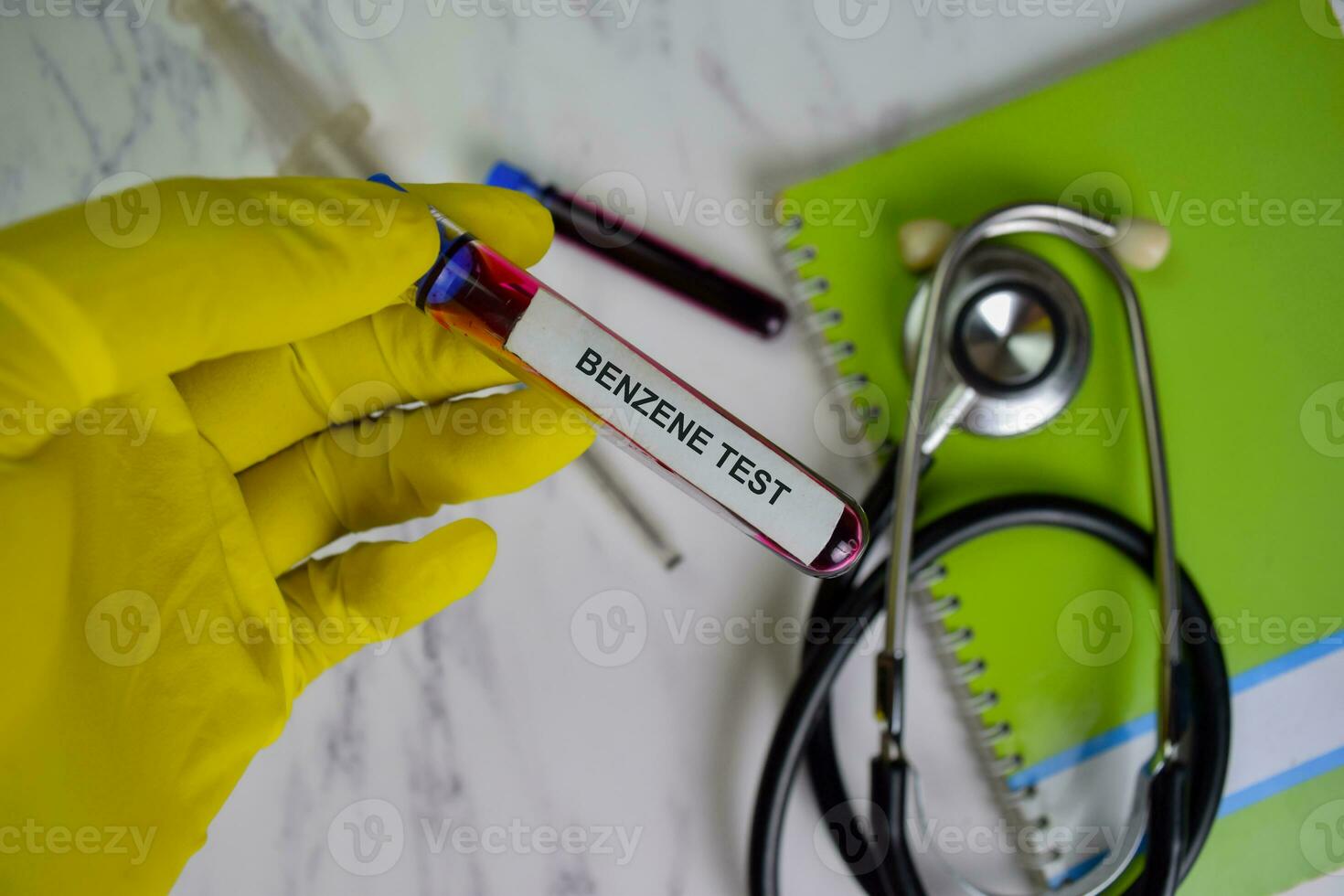 Benzene - Test with blood sample. Top view isolated on office desk. Healthcare or Medical concept photo